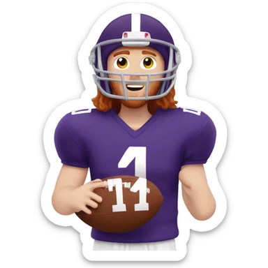 Redhead jesus playing American football wearing purple number 14 sticker