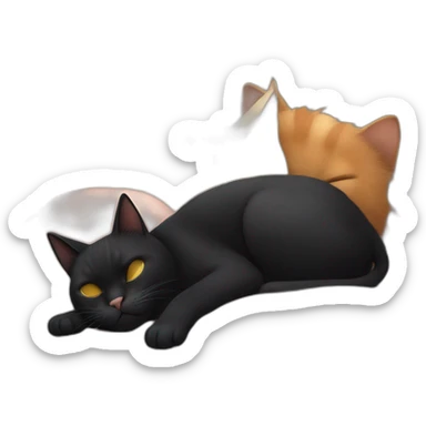 black cat causing havoc with tricolor cat sleeping besides sticker