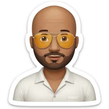 a black guy with a trimmed beard and he’s bald with sunglasses with a stubby neck and white shirt with a little smile and big lips sticker