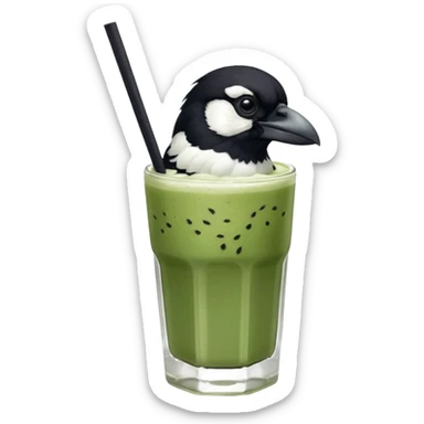  ONE Australien Magpie (just black and white feathers) sitting on an iced matcha latte on the edge of the glass. It has green matcha on its beak indicating it drank. The iced matxha latte is in a see through glass and white from the oat milk on the bottom and green on top… one straw and ice cubes sticker