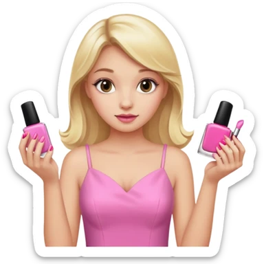 A blonde girl in pink holds nail polishes in her hand sticker