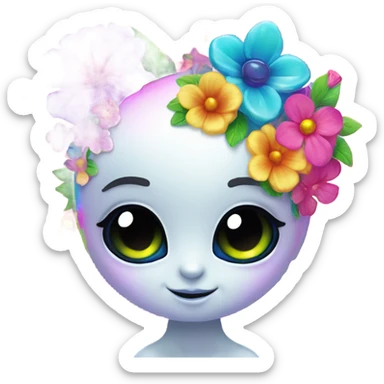 Lisa frank rainbow alien with big oval head and big black eyes with flowers sticker