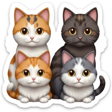 4 different coloured short haired cats including; a dark brown and white cat, and a dark grey and white, and a calico sticker