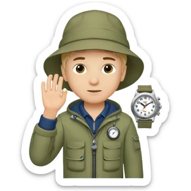 Boy in fishing suit looking at his wristwatch sticker