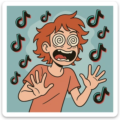 red-haired person with spiraling eyes, surrounded by TikTok icons, looking crazed and hyper, comic style sticker
