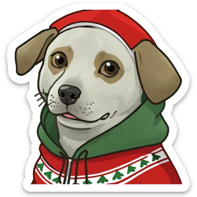 Dog wearing Christmas sweater with a hoodie sticker