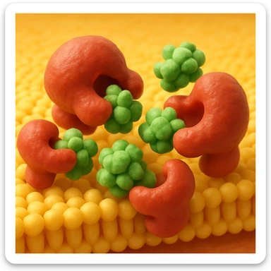 A realistic 3D render and really detailed of enzymes (red) breaking down starch (green) near a cell membrane (yellow). Macro photography style. No labels. sticker