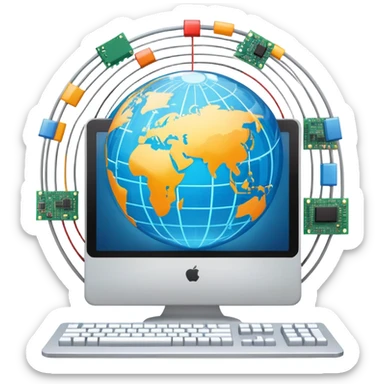 An icon featuring a computer monitor displaying code, a globe with network nodes, and a circuit board, symbolizing IT. The design includes data streams, cloud storage, and a keyboard, representing digital innovation, connectivity, and problem-solving. Transparent background sticker