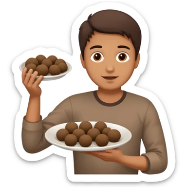 guy holding a plate of brown mud balls, eating sticker