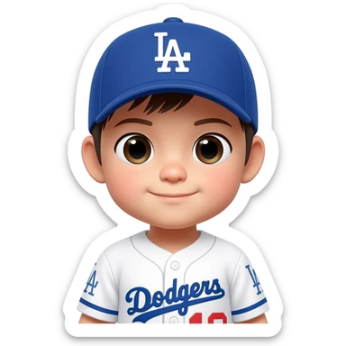 japanese toddler in a dodgers uniform with baseball cap sticker