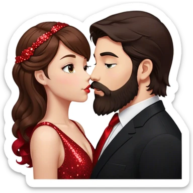 Guy with dark hair and a nice beard kissing a pretty girl with long brown hair that is curled. He is wearing an all black suit with a red tie and she is wearing a red sparkly dress sticker