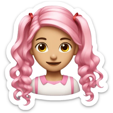 Girl with light pink hair and a ponytail supported by a red ribbon with long curly hair sides and pink eyes sticker
