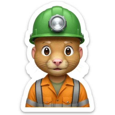a mole rat, green helmet, headlamp, worker cloth sticker