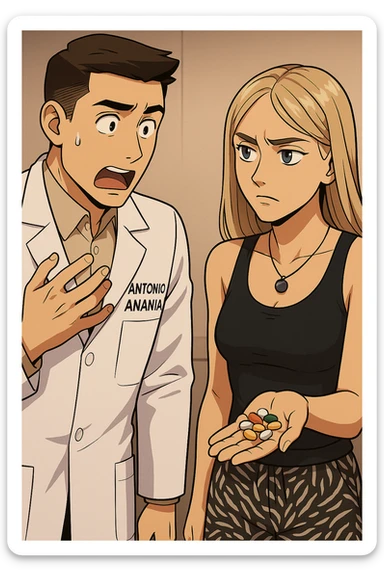 fai un webtoon/manga a colori con questo kinesiologo in camice bianco (fagli la scritta "ANTONIO ANANIA" SUL CAMICE) CHE PARLA CON QUESTA RAGAZZA CON GLI OCCHI AZZURRI. LA RAGAZZA HA UN PUGNO DI INTEGRATORI IN MANO (TANTE PILLOLE DIVERSE) E LE GUARDA DUBBIOSA. IL KINESIOLOGO CON IL CAMICE BIANCO LE DOMANDA UNA COSA SCIOCCATO. NON FARE I FUMETTI, FAI SOLO LORO COME SE DIALOGASSERO sticker