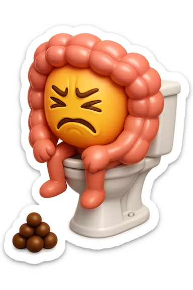 SU QUESTO STILE FAI UN EMOJI STILE IPHONE 3D DI UN INTESTINO CHE sta seduto sul wc e davanti ha una montagnetta di feci a palline stile emoji iphone, FAGLI UN ESPRESSIONE di dolore mentre si sforza E FALLO MOLTO REALISTICO IN 3D sticker