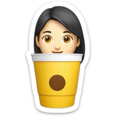 singaporean woman product manager with coffee in a yellow takeaway cup sticker