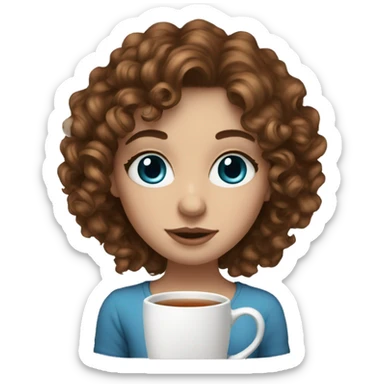 white skin girl brown curly hair blue eyes sipping tea from mug sticker