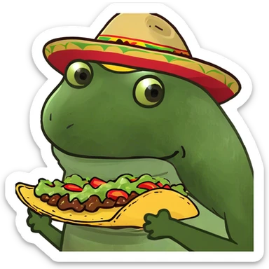 Frog wearing a sombrero holding a taco sticker