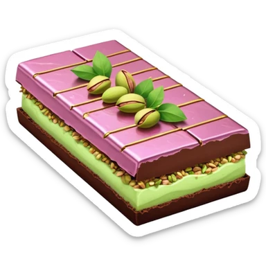 chocolate partially wrapped in elegant pastel pink foil, the top half broken to reveal rich pistachio cream and crispy kataifi strands inside, glossy chocolate surface, detailed texture sticker