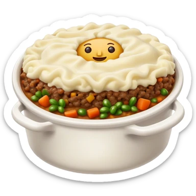Cinematic Realistic Shepherd's Pie Dish Emoji, depicted with rich, savory minced lamb and vegetable filling topped with creamy mashed potatoes, rendered with exquisite detail and natural warm lighting that highlights its homestyle appeal. sticker