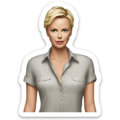 ultra realistic charlize theron wearing shirt sticker