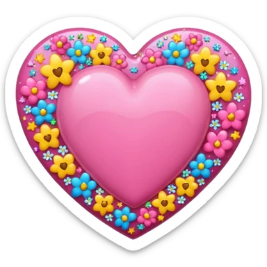 Colorful emoji-style icon of a large pink heart surrounded by sparkles, stars, and small flowers, representing overflowing love and joy. Bright and happy Apple-style emoji, glossy finish, white background. sticker