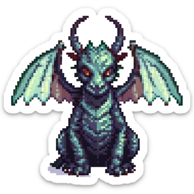 Make the wings even bigger on this black dragon with two medium horns, keep pixel art style and no background. sticker