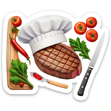 A photorealistic icon featuring a chef's hat, a cutting board with fresh ingredients, a knife, a plate with a well-plated dish, and a beautiful ribeye beef steak. Bright, detailed design with realistic textures and lighting. Transparent background, clearly symbolizing cooking and culinary arts. sticker