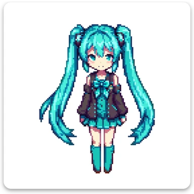 Hatsune Miku with teal twin-tails, anime character in pixel art style sticker