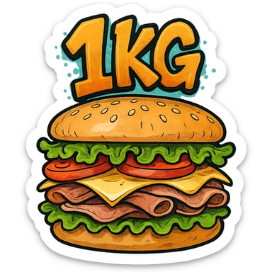 giant sandwich with '1kg' in a graffiti-style playful font sticker