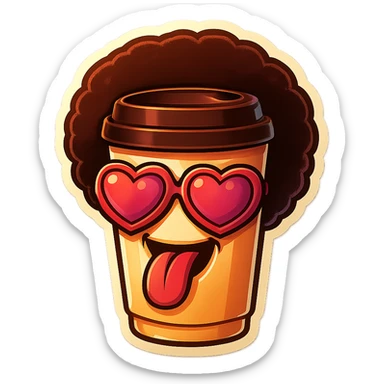 Tall coffee cupp, afro, heart glasses, big heart eyes, tounge rolled out sticker