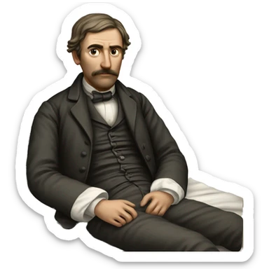 A sick man on a bed in 1870 with normal face sticker