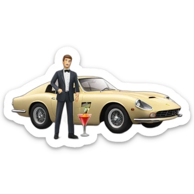 2 guys with cocktails in their handik front of a ferrari type 412 sticker