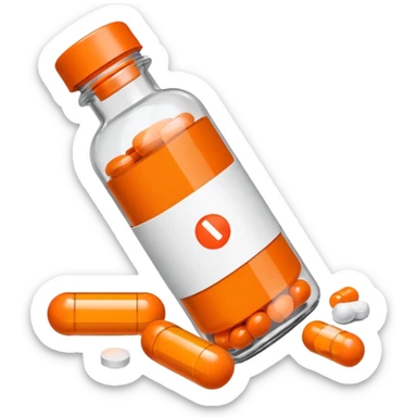 Motrin medicine bottle on it’s side with a couple of orange pills spilling out sticker