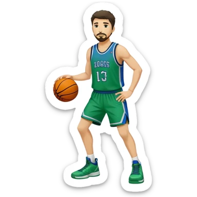 Full Body white male basketball player with short dark shaggy hair and goatee wearing blue and green uniform sticker