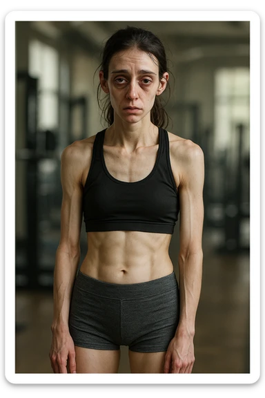3D realistic vertical illustration of a young athletic woman in sportswear standing in a gym. Her body appears lean but slightly fatigued, with visible muscle loss and a tired expression. Subtle details like dark circles under her eyes, pale skin, and a slouched posture suggest underfueling. The lighting is soft and natural, with gym equipment blurred in the background. sticker