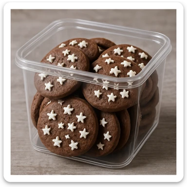 photo realistic Italian Pan di Stelle cookies in a transparent box, white sugar stars sticker