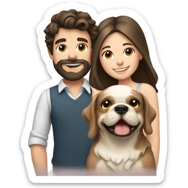 Brunette happy couple boy with beard and girl  with long hair with one cute beige French bull dog  sticker