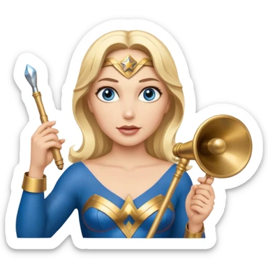 Blonde blue eyed Wonder Woman holding white orchestra conductor’s baton and bell sticker