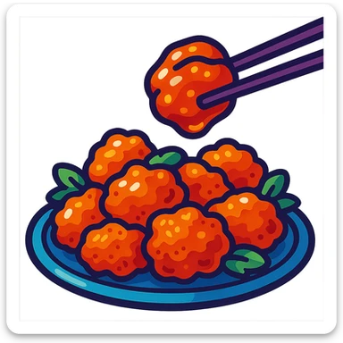 honey chicken, stylized, chopsticks holding a glazed piece, vibrant colors, vibrant toon style sticker