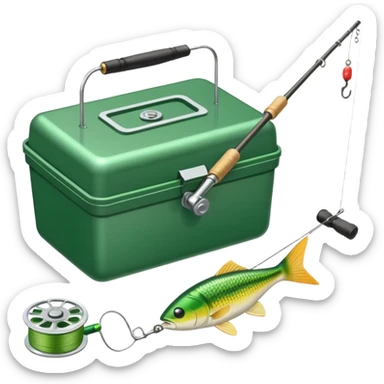 A fishing rod with reel and line neatly coiled beside a bait box. sticker