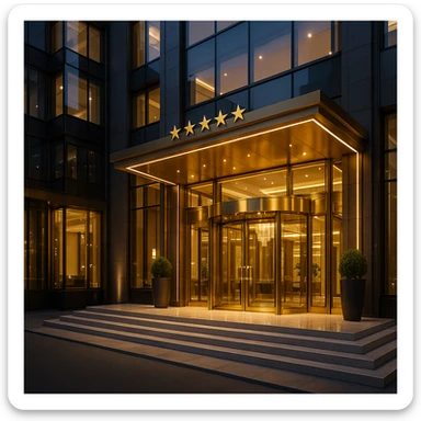 luxurious 5 star hotel, elegant, grand entrance, gold accents, modern architecture sticker