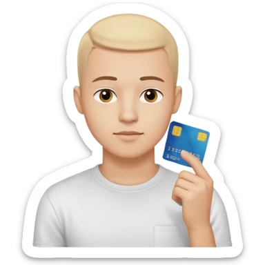 a 25 year old man thinking whit his hand forming an l shape on his chin whit short buzz cut hair whit a white t shirt and holding a credit card in his left hand make shure the card is medium sized so you can see it from a far make shure the caracther is big and a yellow background sticker