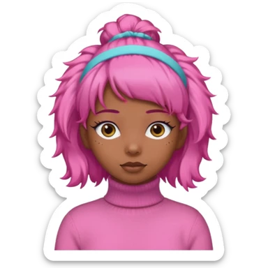 black fluffy haired girl with pink turtleneck sweater and pink hair band sticker