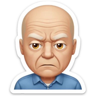 a portrait of angry elderly man, bald head, wearing shirt sticker