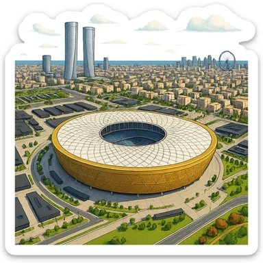 Изометричная, яркая, детализированная и фотореалистичная иллюстрация стадиона Lusail Stadium в стиле 3D-коллажей городов, насыщенные цвета, аккуратные и чёткие линии, мультяшно-реалистичная стилистика. Чёткие контуры, не размазанные линии, высокое качество, прозрачный фон, не обрезать края стадиона. sticker