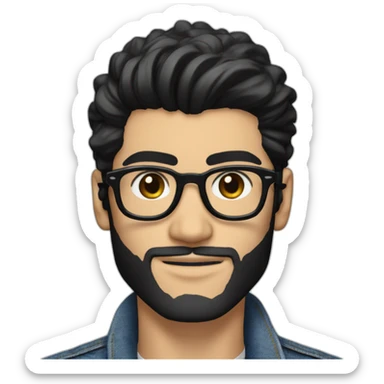 Generate an image of Zayn Malik looking effortlessly cool in a jean jacket, his black beard and hair impeccably styled, and donning a pair of trendy spectacles. sticker