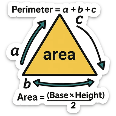 Add text labels: Perimeter = a + b + c, Area = (Base × Height) ÷ 2. Place the labels near the triangle and shaded region, suitable for grade 4. Keep the background transparent. sticker