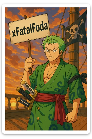 Transform the image of Zoro from One Piece into a more animated, lively anime style, preserving the Wano arc look. Add dynamic shading and expressive features to enhance the character's liveliness. Keep the protest sign with 'xFatalFoda' clearly visible and maintain the pirate ship sunset background as in the original image. sticker