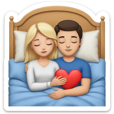 cuddling in bed, asleep. blonde girl. brunette man. eyes closed. heart between them. no headboard sticker